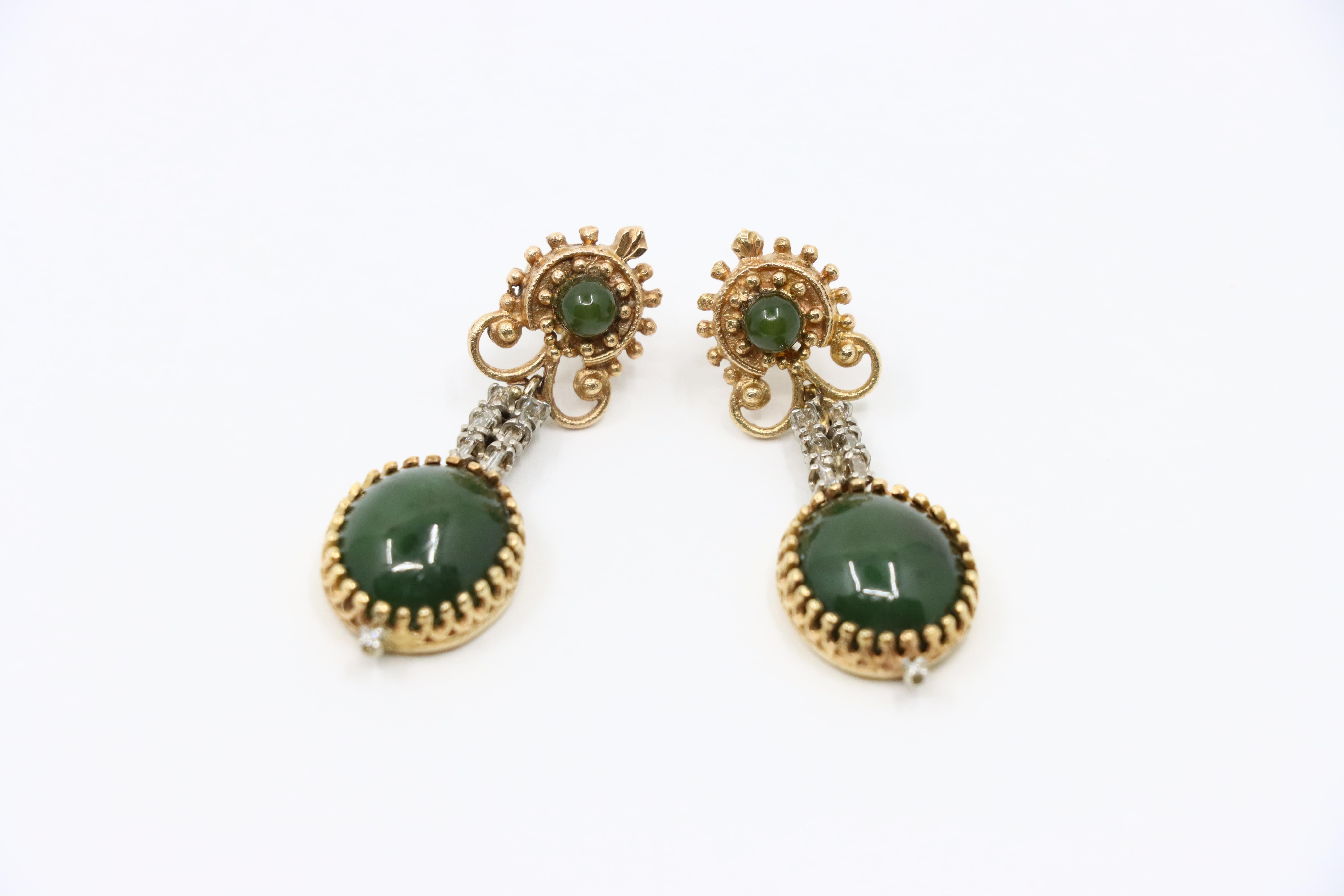 Vintage 14K Gold Jade Drop Earring For Sale 4
