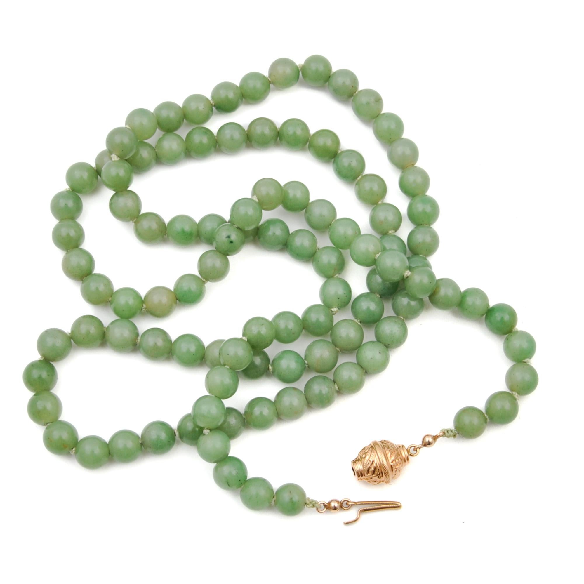 Round Cut Jadeite Jade Long Single-Strand 14K Gold Beaded Necklace For Sale