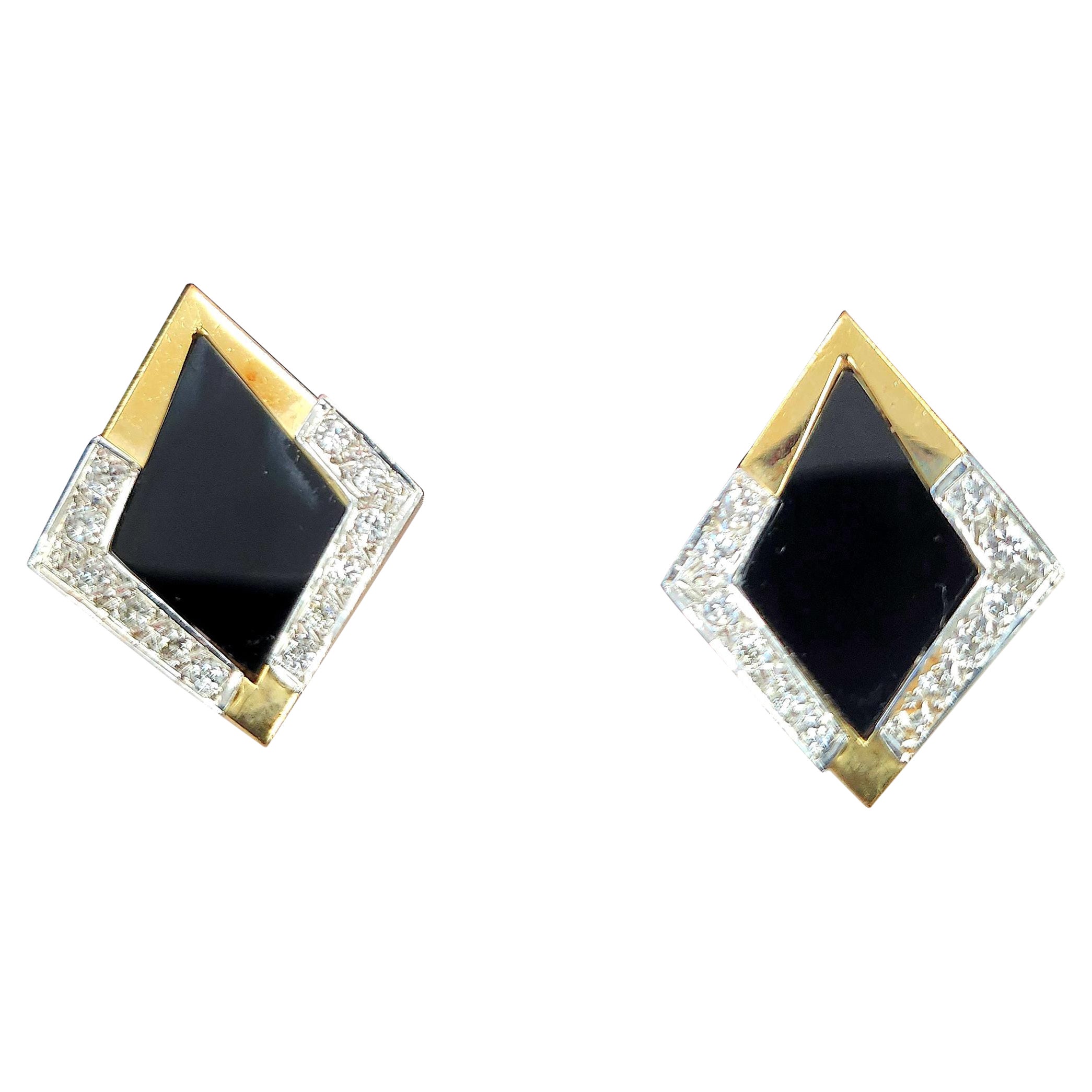 Vintage 14K Gold Kite Shaped Onyx & Diamond Lever Back Earrings For Sale