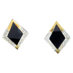 Orecchini vintage in oro 14K a forma di aquilone, onice e diamanti con chiusura a leva