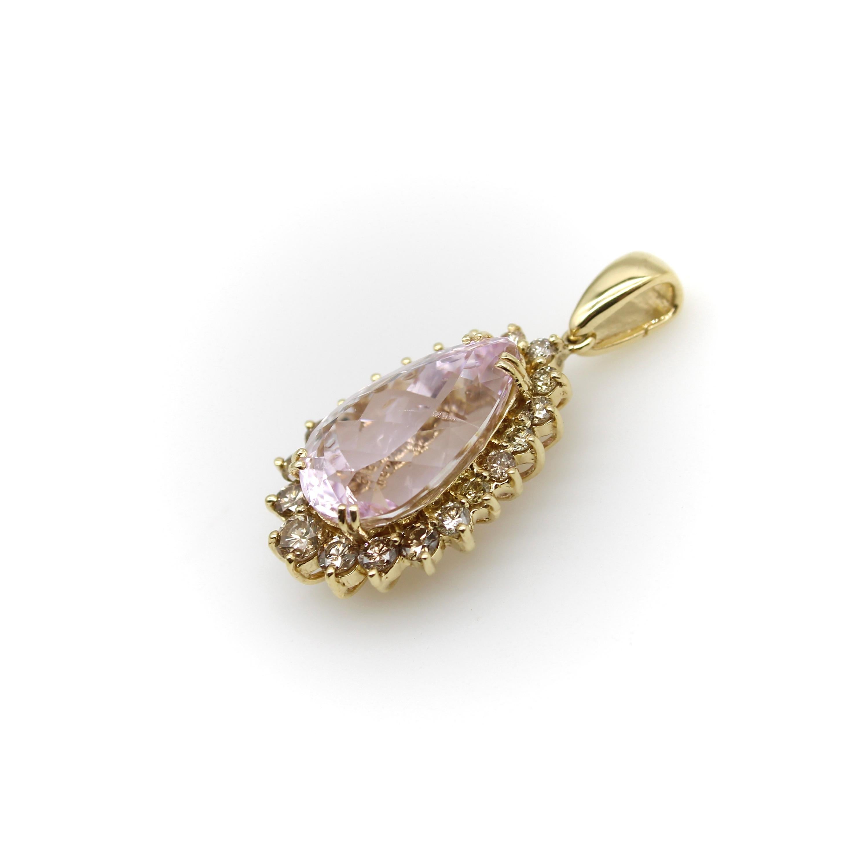 Moderne Pendentif vintage en or 14K Kunzite et diamant Cognac en vente