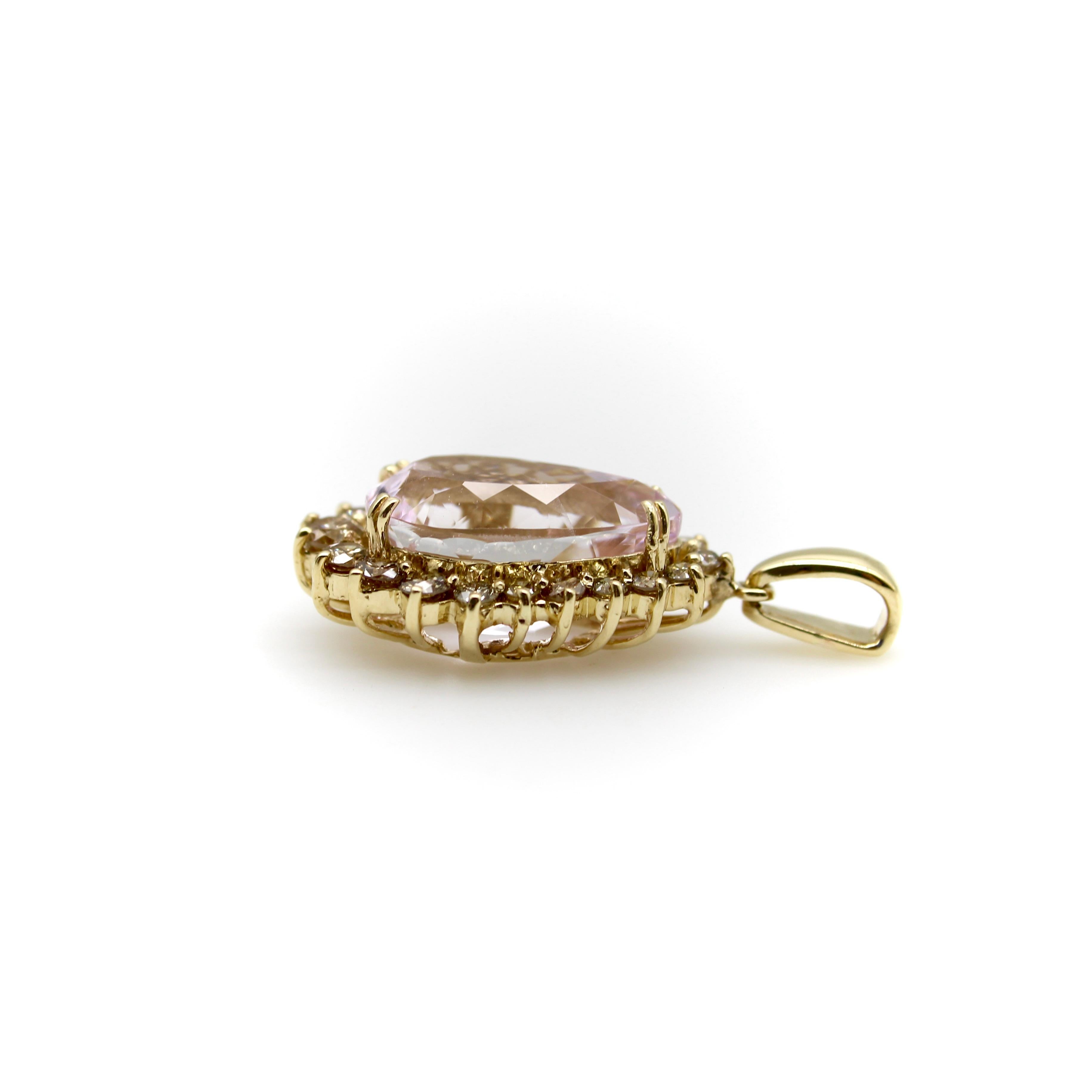 Taille poire Pendentif vintage en or 14K Kunzite et diamant Cognac en vente