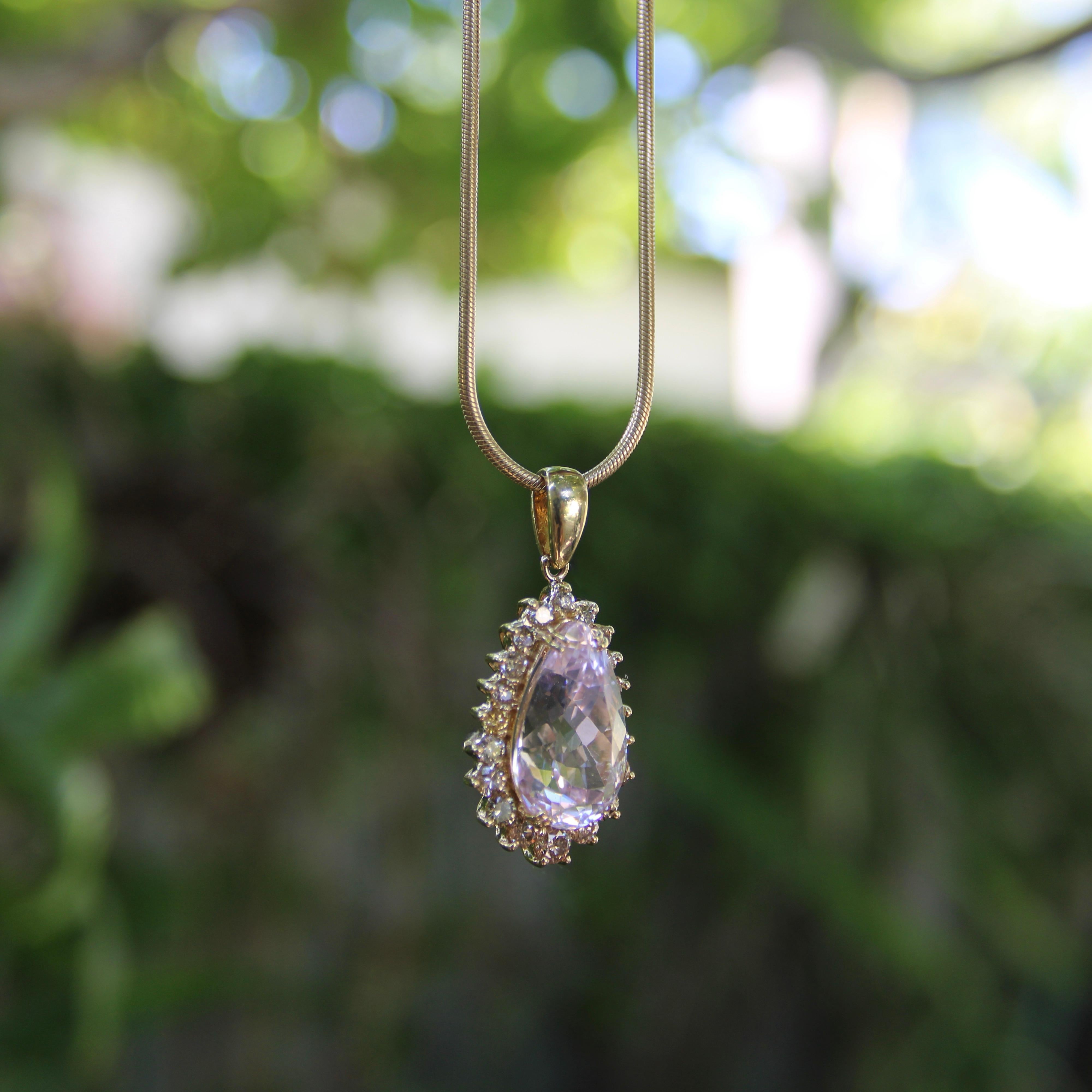 Pendentif vintage en or 14K Kunzite et diamant Cognac en vente 2