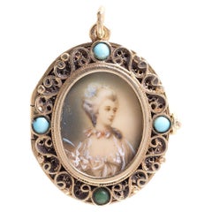 Vintage 14K Gold Lady Portrait Turquoise Locket Pendant