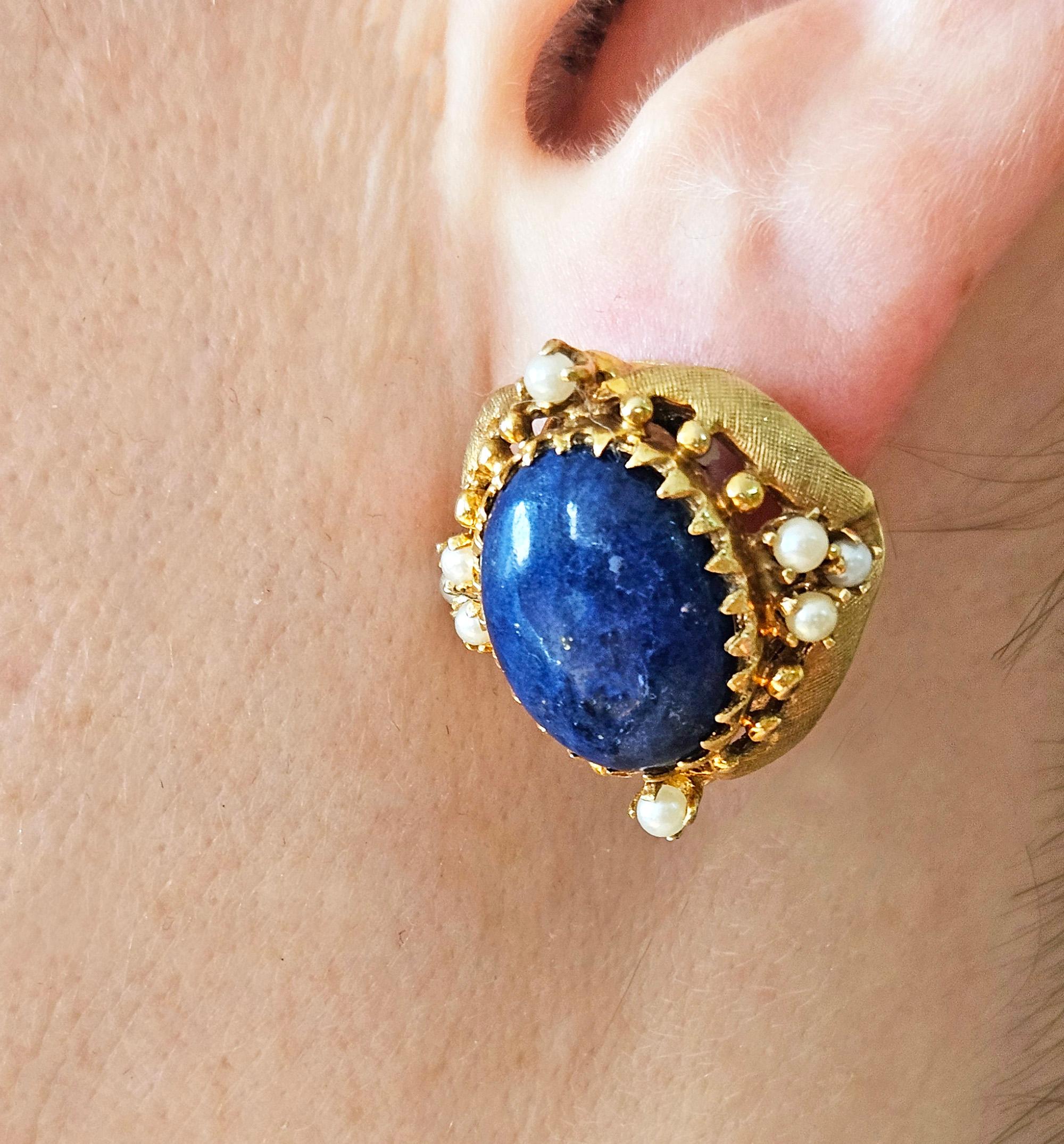 Vintage 14k Gold Lapis Lazuli Pearl Button Earrings Clips Post, Circa 1970s For Sale 6