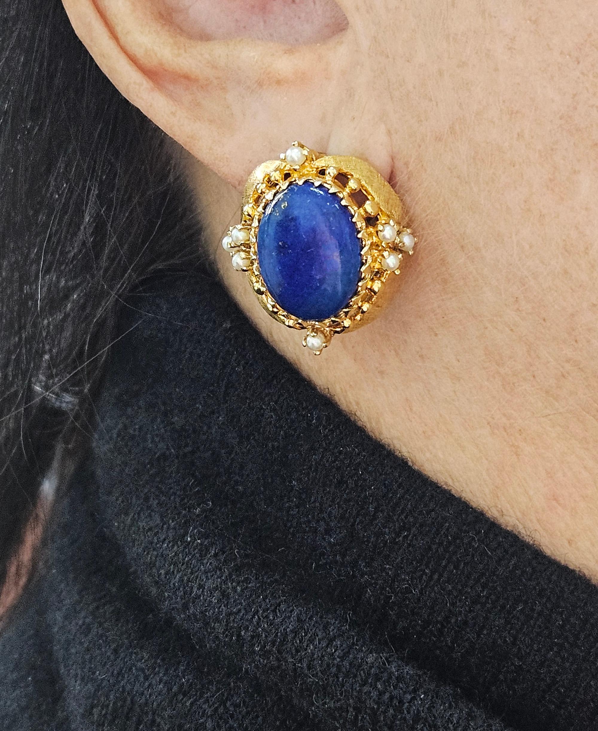 Vintage 14k Gold Lapis Lazuli Pearl Button Earrings Clips Post, Circa 1970s For Sale 10