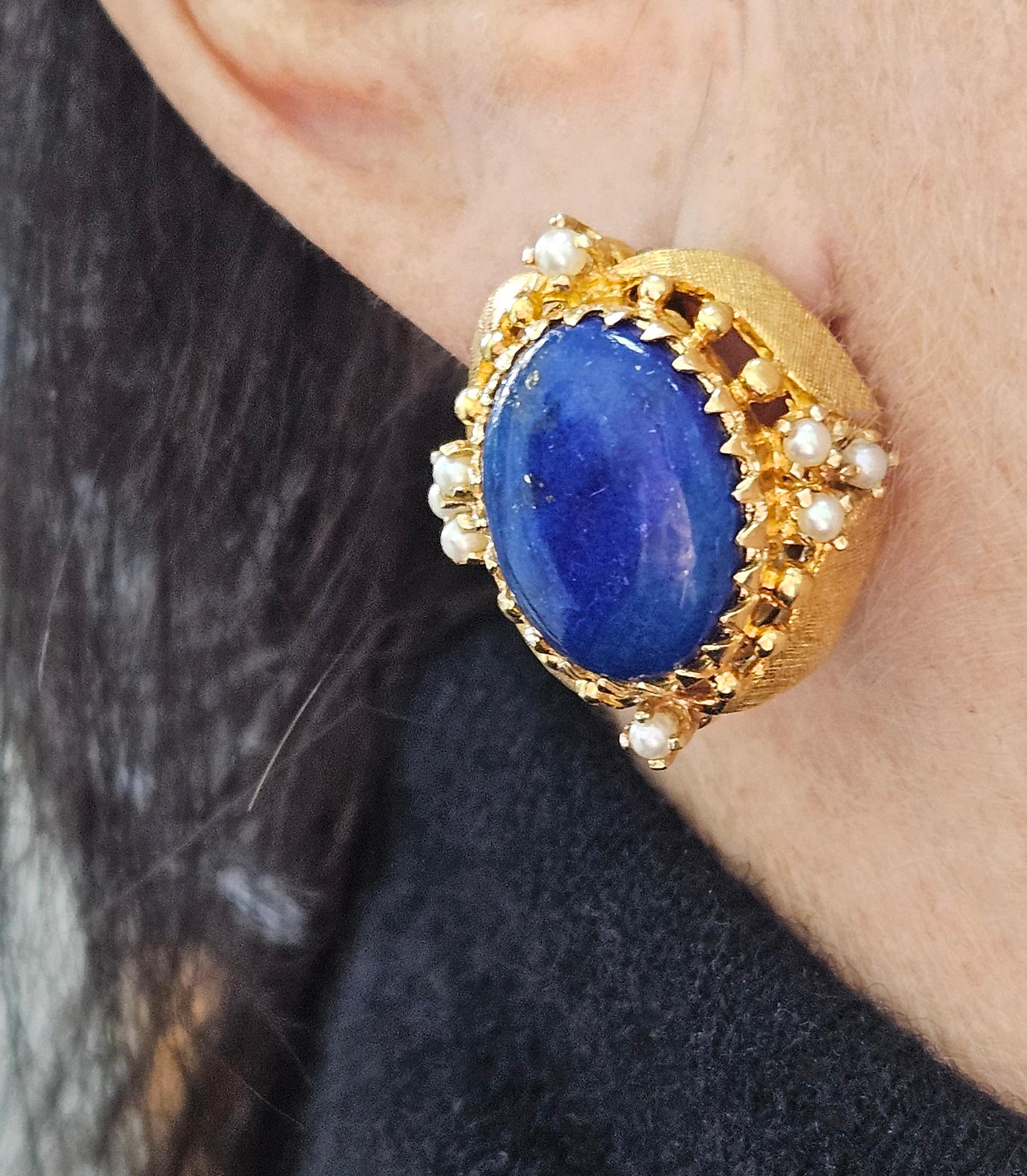 Vintage 14k Gold Lapis Lazuli Pearl Button Earrings Clips Post, Circa 1970s For Sale 11