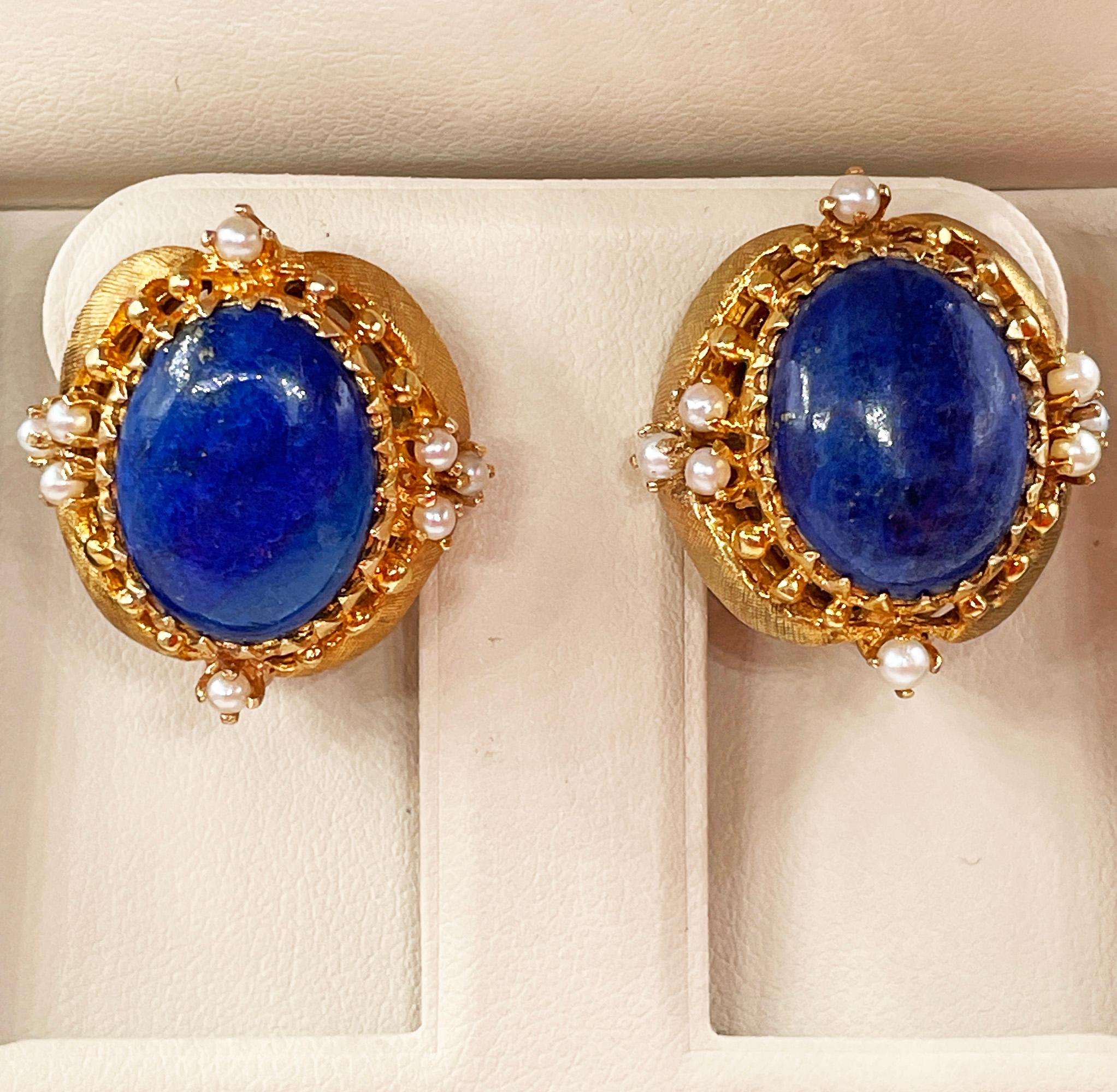 Vintage 14k Gold Lapis Lazuli Pearl Button Earrings Clips Post, Circa 1970s For Sale 12