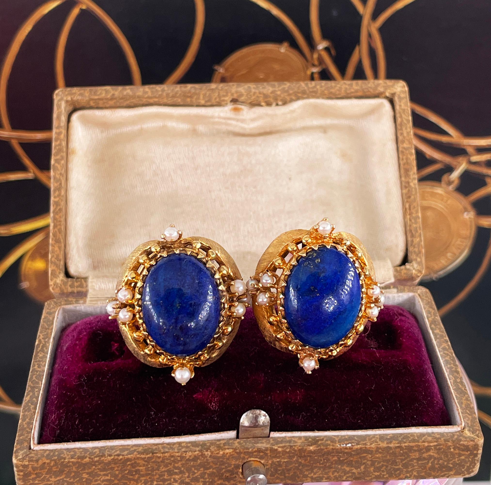Vintage 14k Gold Lapis Lazuli Pearl Button Earrings Clips Post, Circa 1970s For Sale 13