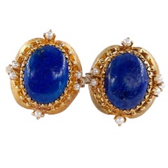 Vintage 14k Gold Lapis Lazuli Pearl Button Earrings Clips Post 17.81gr, C. 1970s