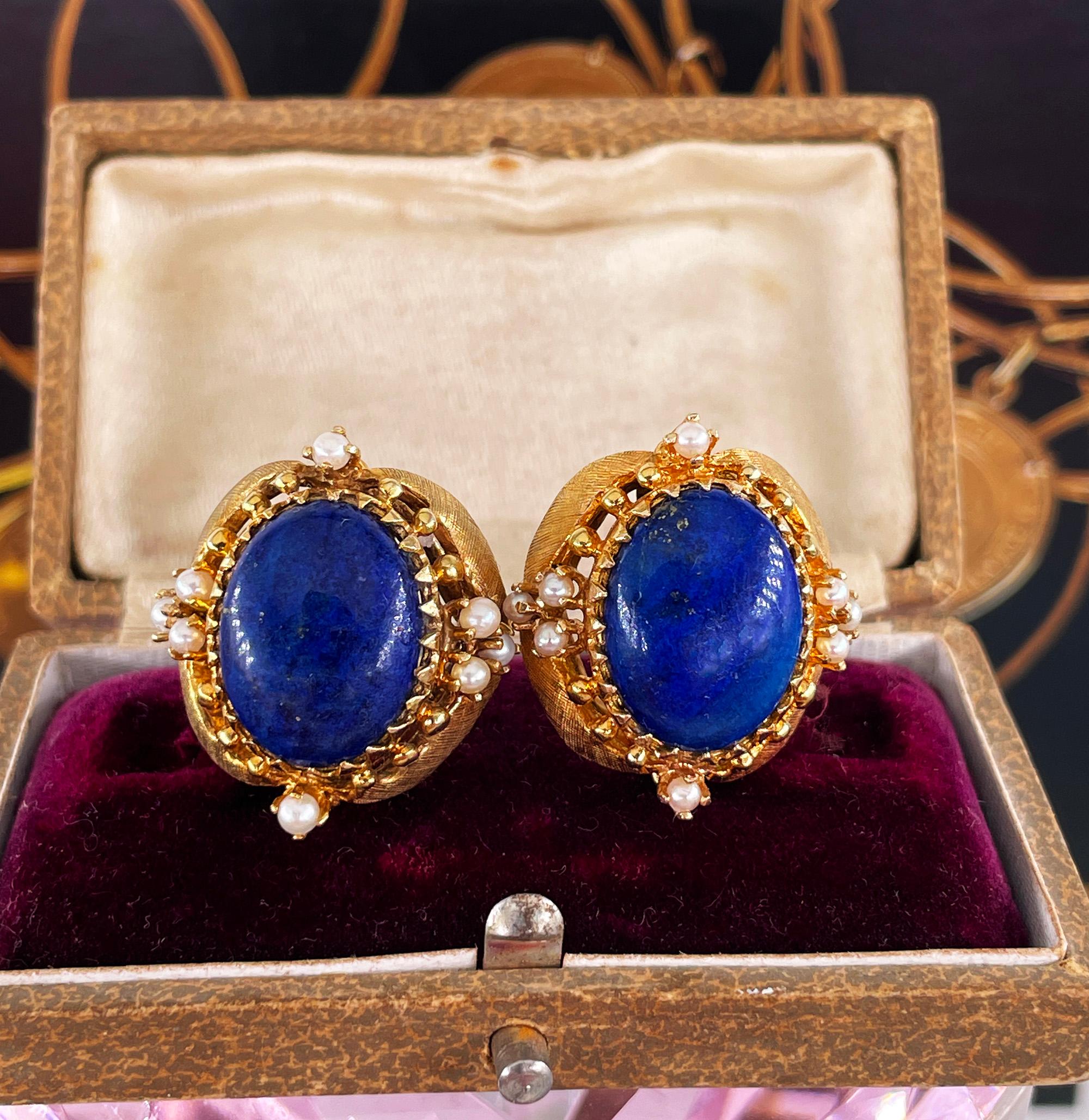 Vintage 14k Gold Lapis Lazuli Pearl Button Earrings Clips Post, Circa 1970s For Sale 14