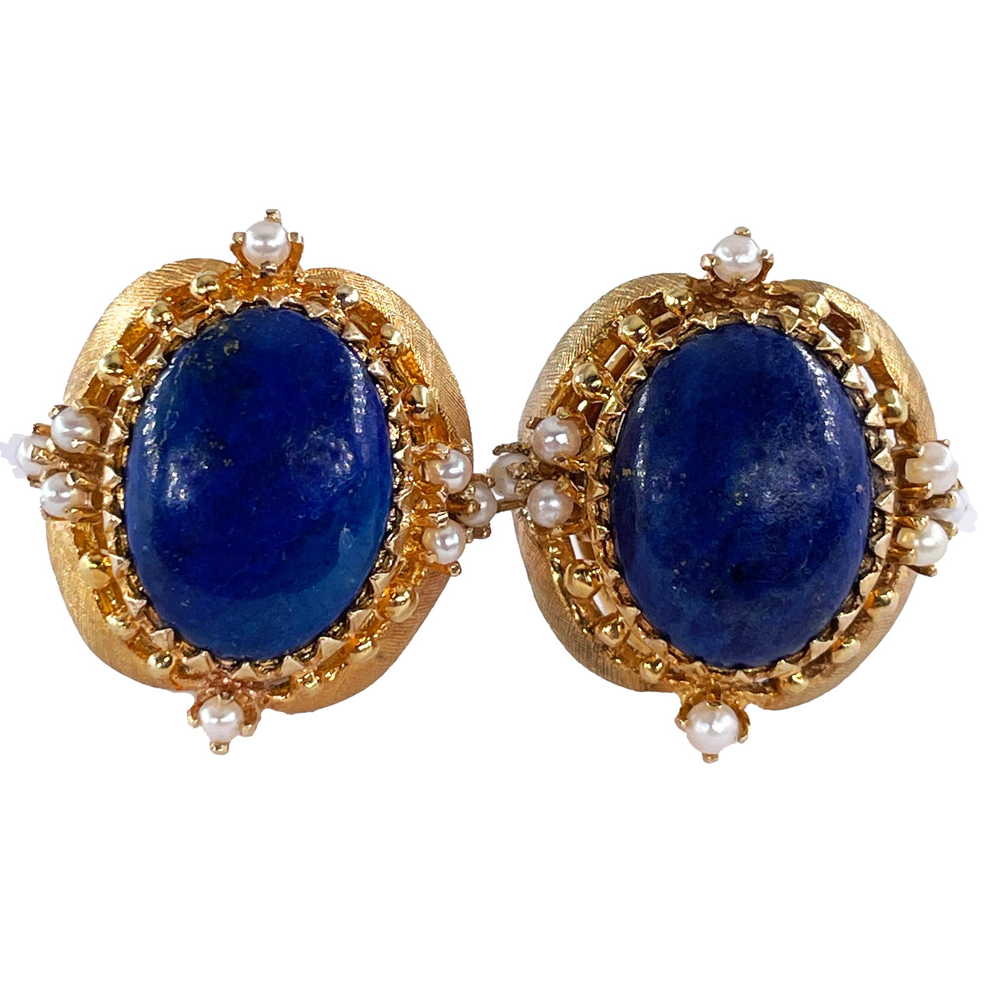Modern Vintage 14k Gold Lapis Lazuli Pearl Button Earrings Clips Post, Circa 1970s For Sale