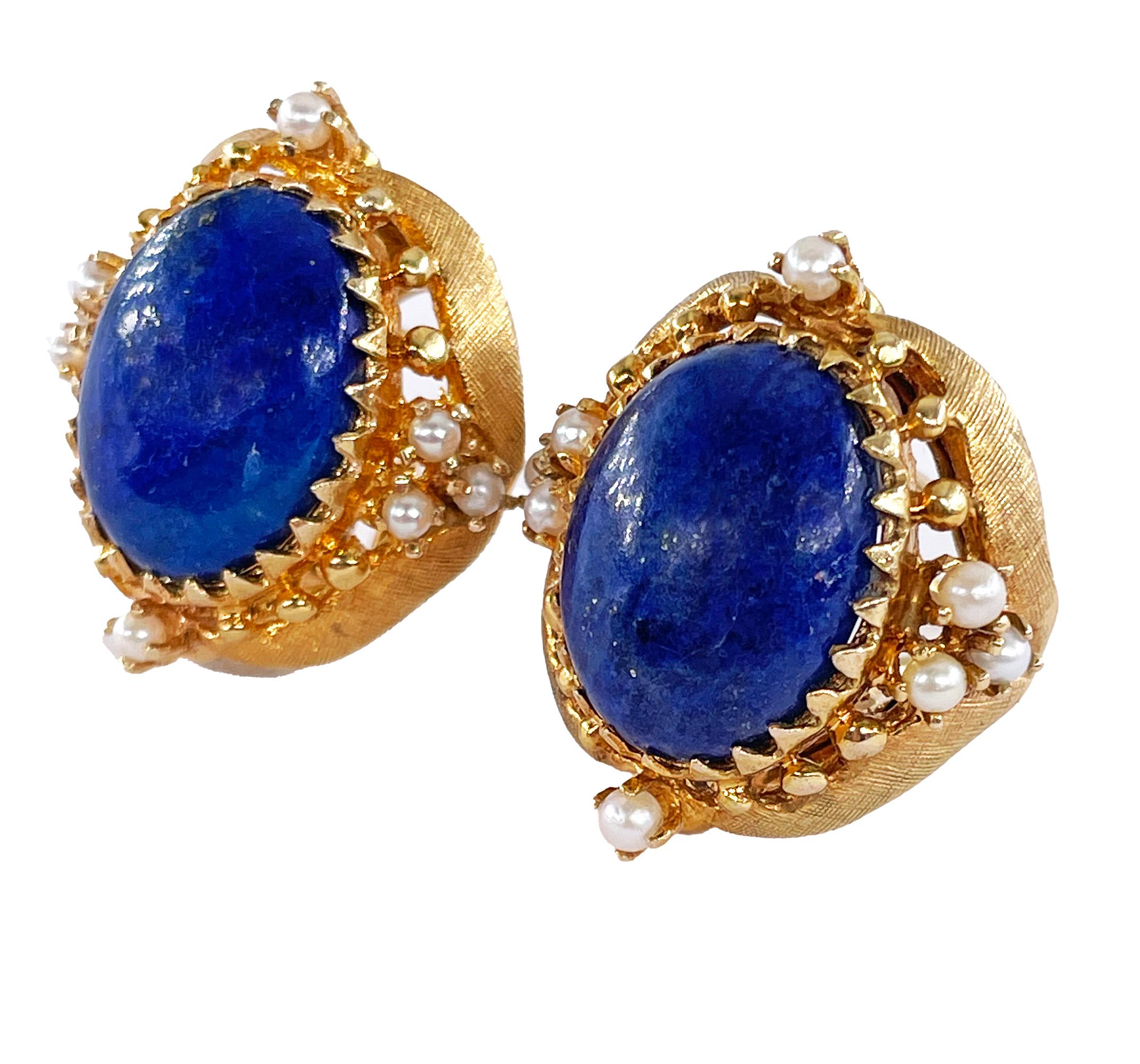 Cabochon Vintage 14k Gold Lapis Lazuli Pearl Button Earrings Clips Post, Circa 1970s For Sale