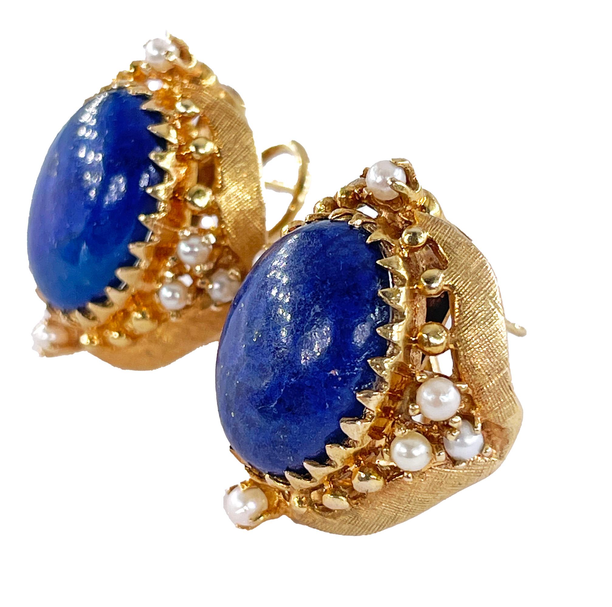 Women's Vintage 14k Gold Lapis Lazuli Pearl Button Earrings Clips Post, Circa 1970s For Sale