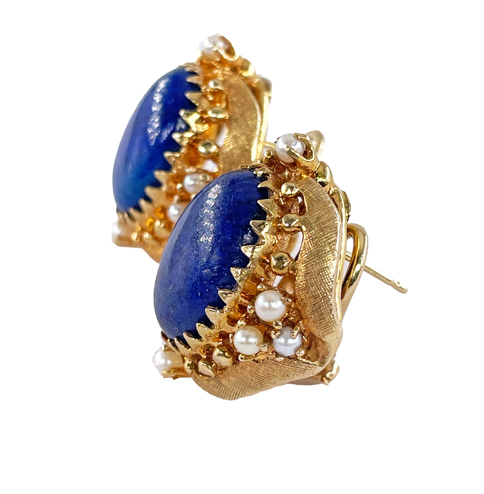 Vintage 14k Gold Lapis Lazuli Pearl Button Earrings Clips Post, Circa 1970s For Sale 1