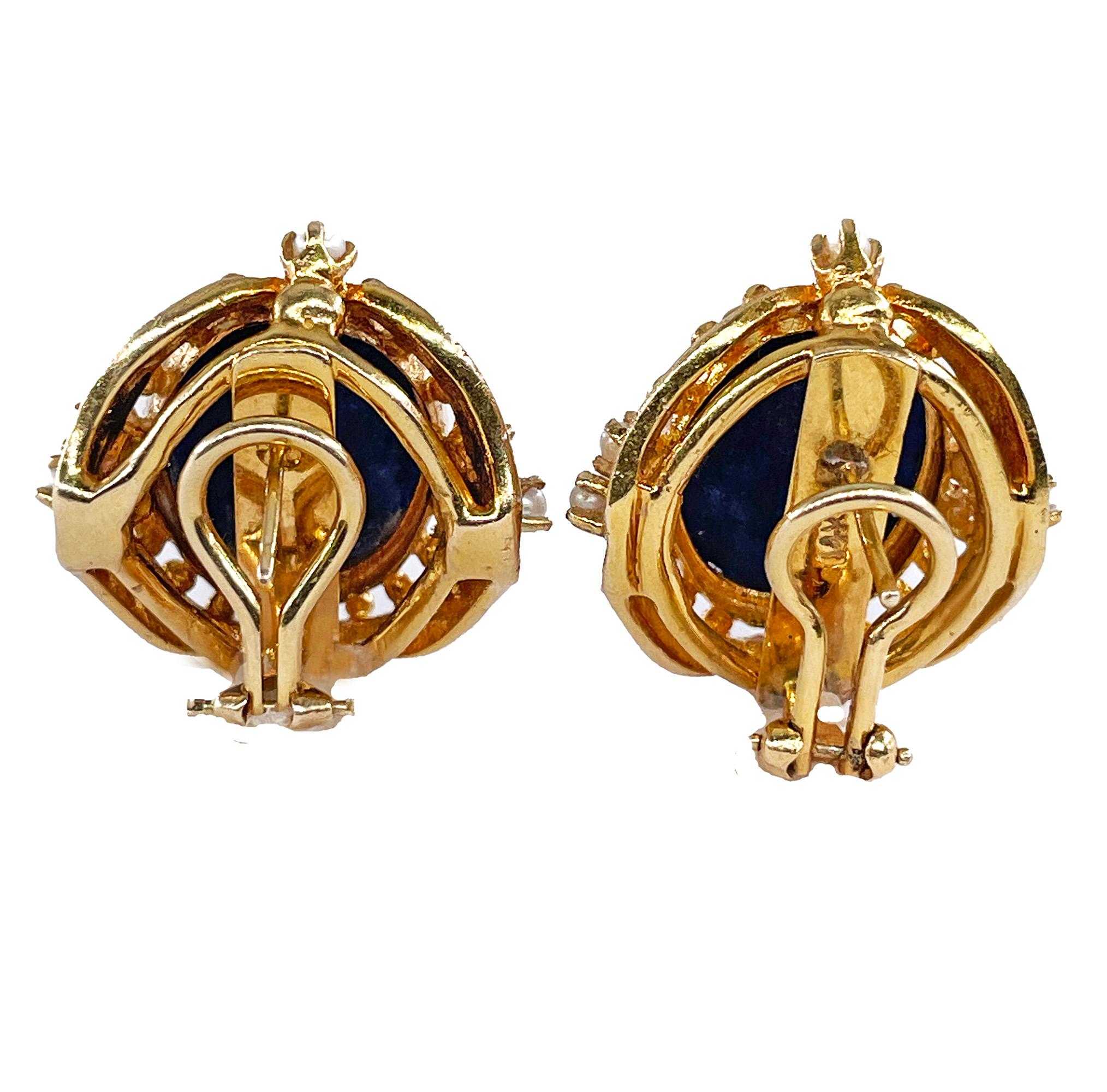 Vintage 14k Gold Lapis Lazuli Pearl Button Earrings Clips Post, Circa 1970s For Sale 2