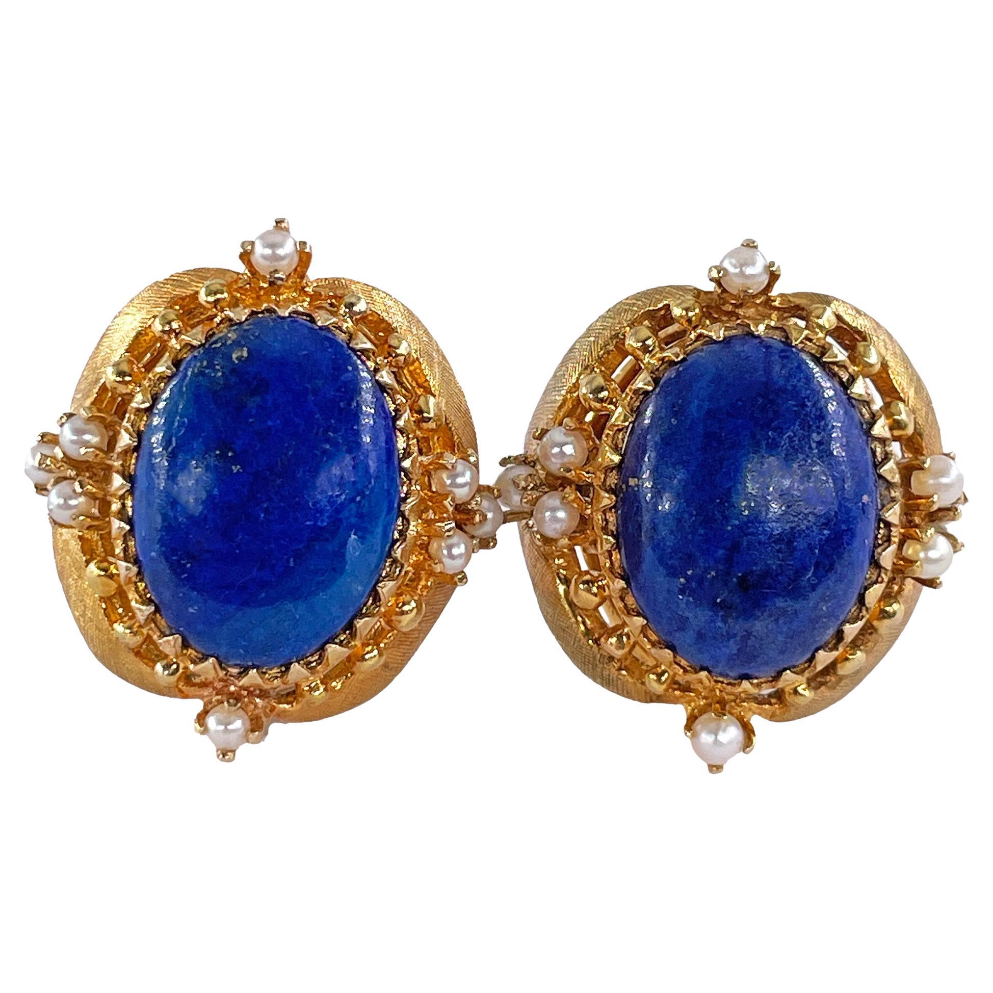 Vintage 14k Gold Lapis Lazuli Pearl Button Earrings Clips Post, Circa 1970s For Sale