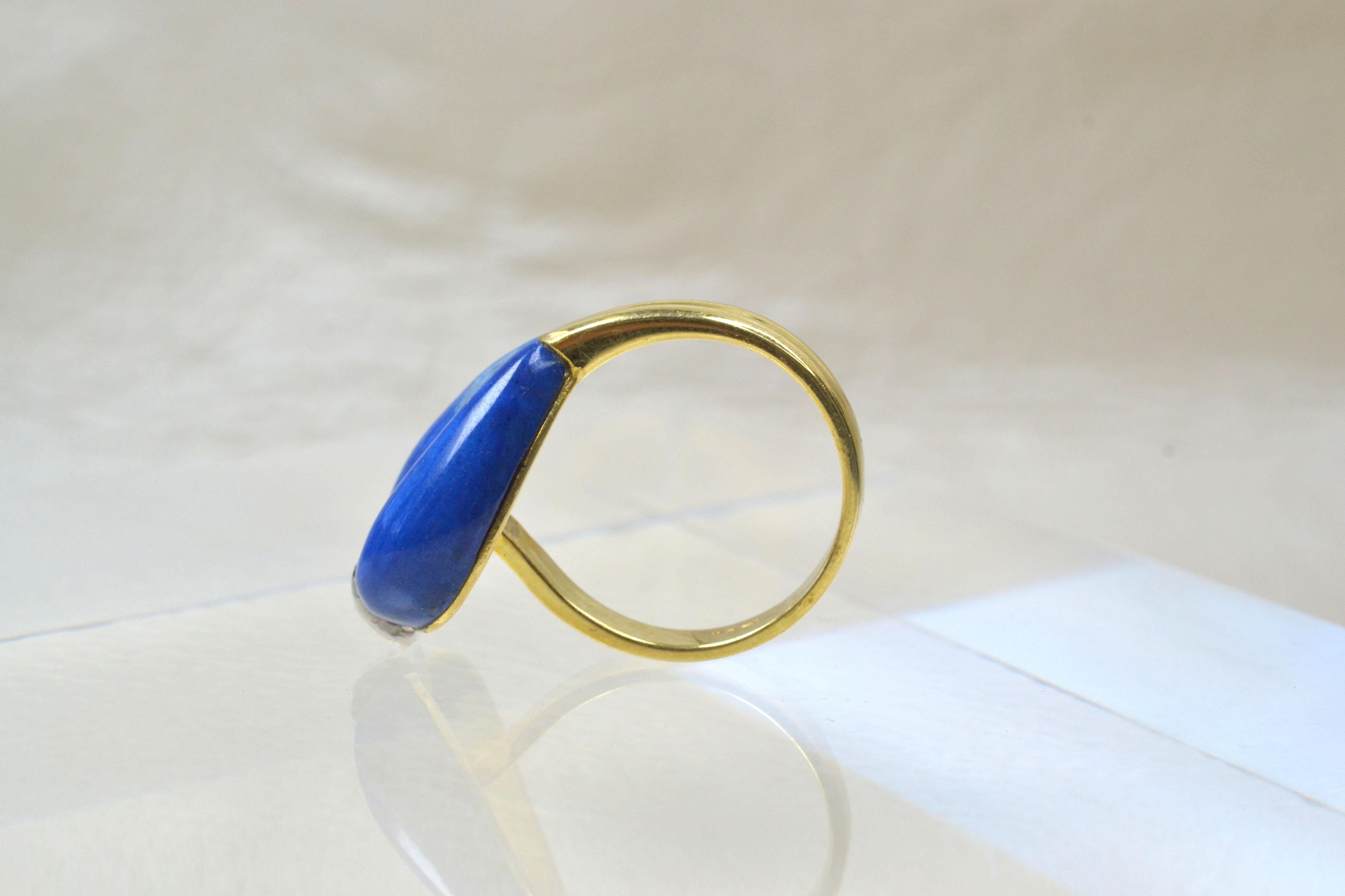 Revival Vintage 14k Gold Lapis Lazuli Teardrop Ring with Diamonds, One-of-a-kind For Sale