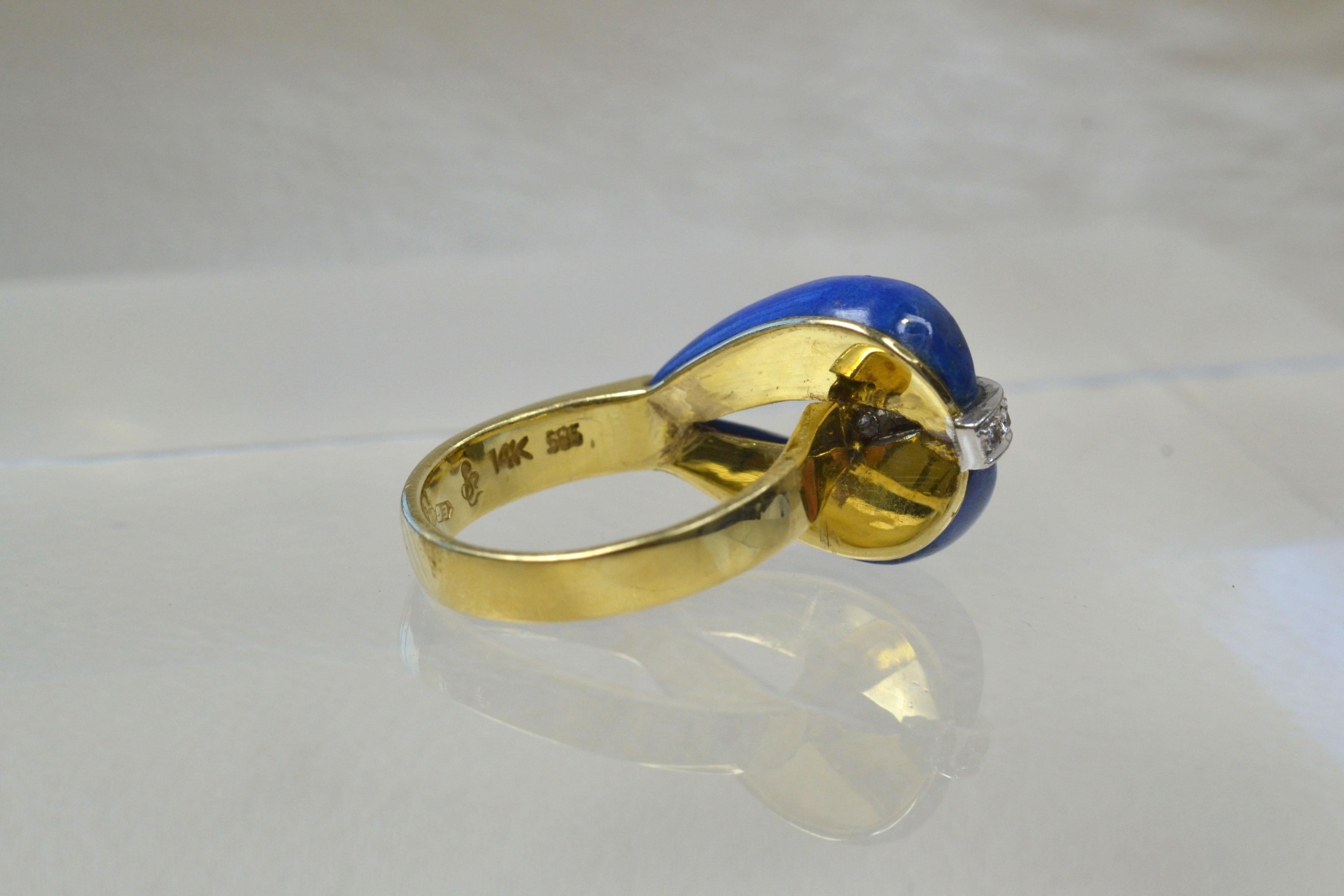 Mixed Cut Vintage 14k Gold Lapis Lazuli Teardrop Ring with Diamonds, One-of-a-kind For Sale