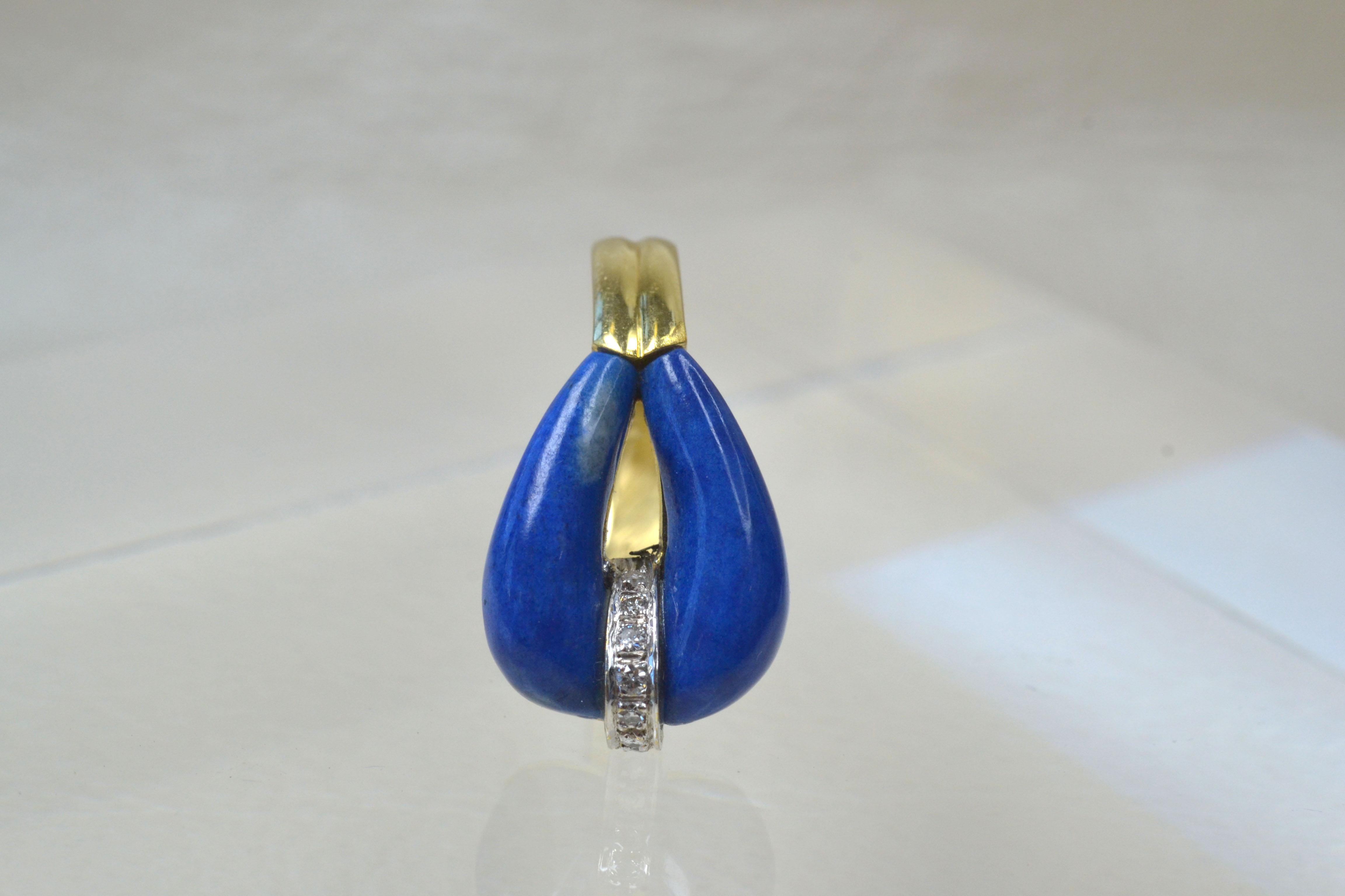 Vintage 14k Gold Lapis Lazuli Teardrop Ring with Diamonds, One-of-a-kind In Good Condition For Sale In London, GB