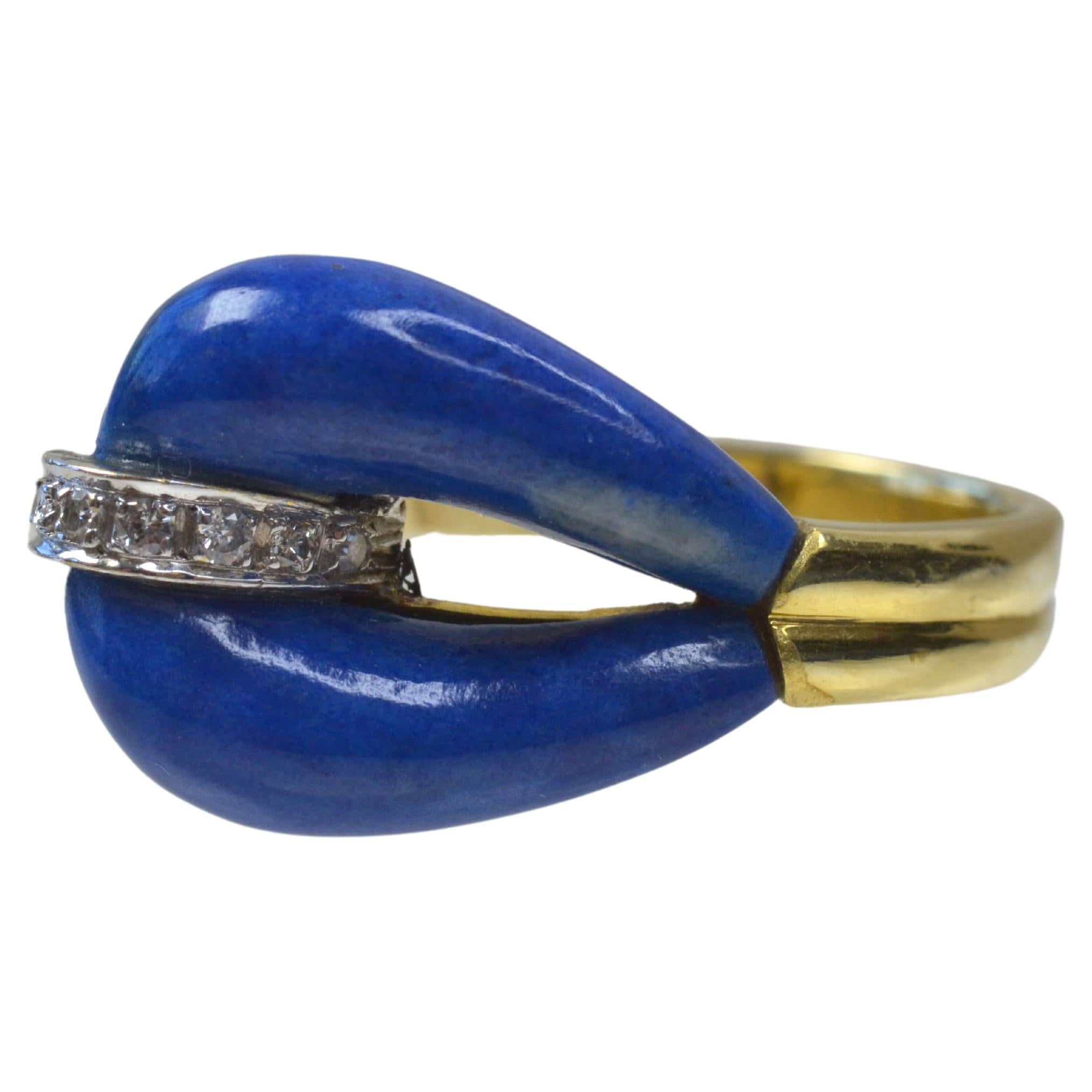 Vintage 14k Gold Lapis Lazuli Teardrop Ring with Diamonds, One-of-a-kind For Sale