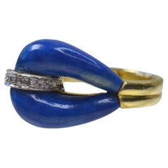 Vintage 14k Gold Lapis Lazuli Teardrop Ring with Diamonds, One-of-a-kind