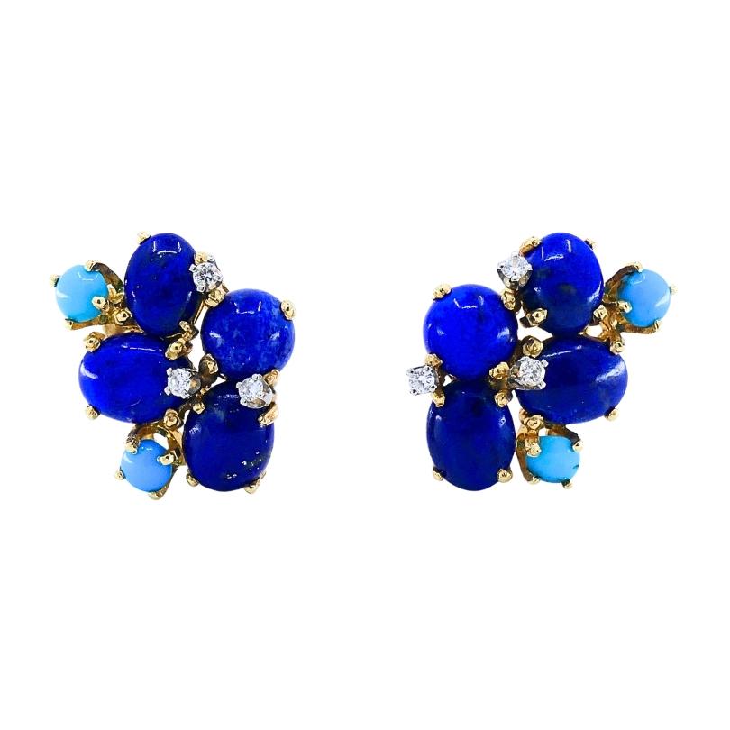 Conjunto de broche y pendientes vintage de oro de 14k lapislázuli turquesa y diamantes en venta 5