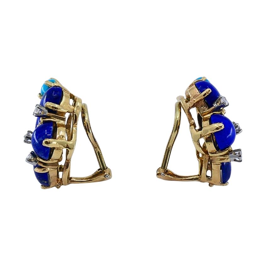 Conjunto de broche y pendientes vintage de oro de 14k lapislázuli turquesa y diamantes en venta 6