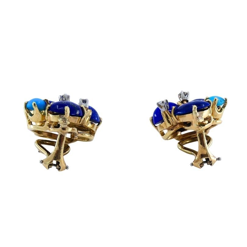 Conjunto de broche y pendientes vintage de oro de 14k lapislázuli turquesa y diamantes en venta 8