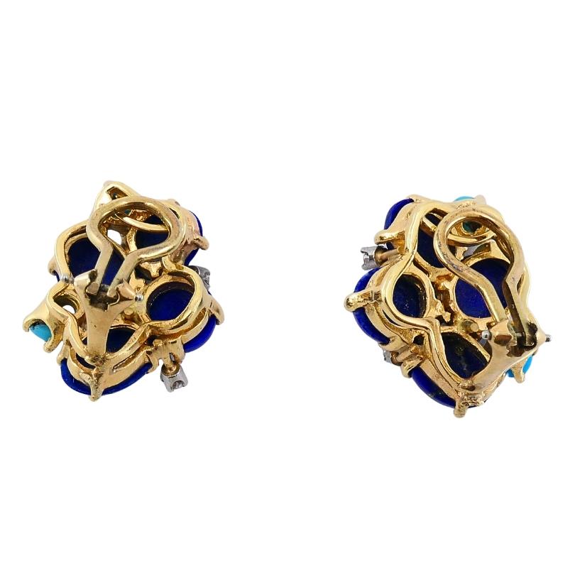 Conjunto de broche y pendientes vintage de oro de 14k lapislázuli turquesa y diamantes en venta 9