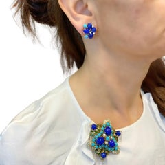 Vintage 14k Gold Lapis Lazuli Turquoise Diamond Brooch & Earrings Set
