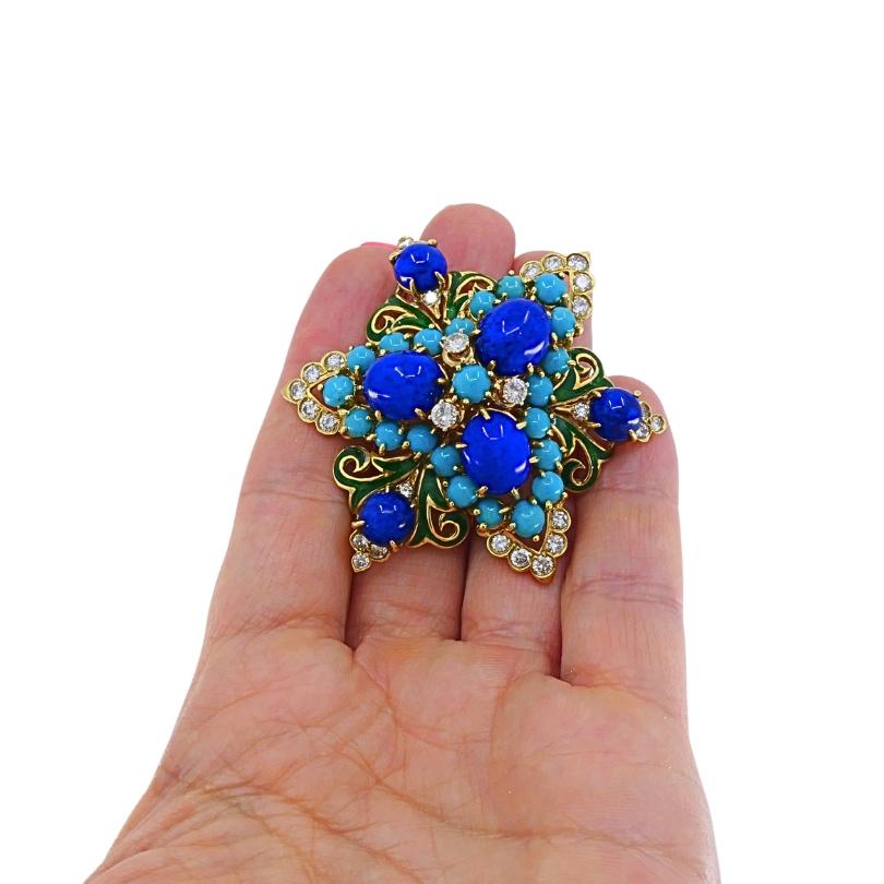 Conjunto de broche y pendientes vintage de oro de 14k lapislázuli turquesa y diamantes en Bueno estado para la venta en Beverly Hills, CA