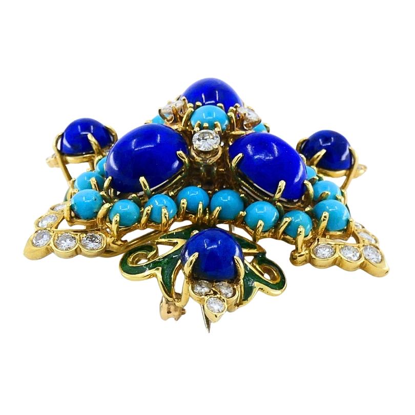 De las mujeres Conjunto de broche y pendientes vintage de oro de 14k lapislázuli turquesa y diamantes en venta