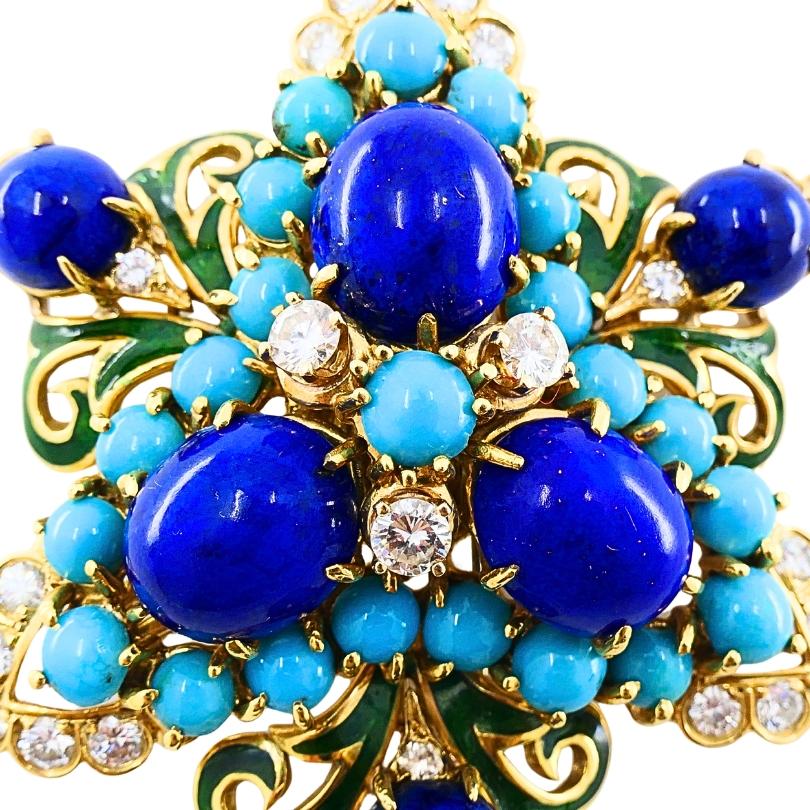 Conjunto de broche y pendientes vintage de oro de 14k lapislázuli turquesa y diamantes en venta 1