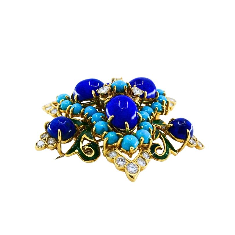 Conjunto de broche y pendientes vintage de oro de 14k lapislázuli turquesa y diamantes en venta 2