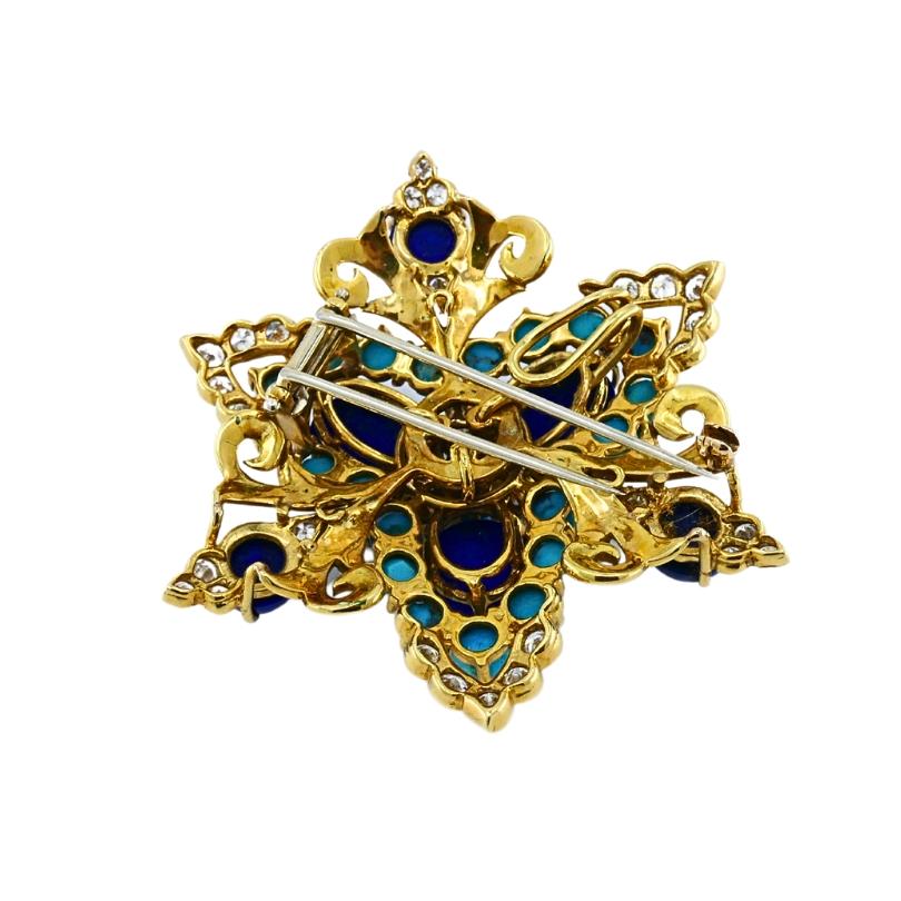 Conjunto de broche y pendientes vintage de oro de 14k lapislázuli turquesa y diamantes en venta 3