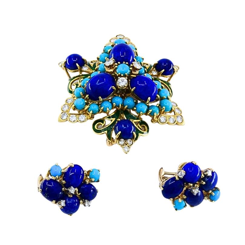 Conjunto de broche y pendientes vintage de oro de 14k lapislázuli turquesa y diamantes en venta 4