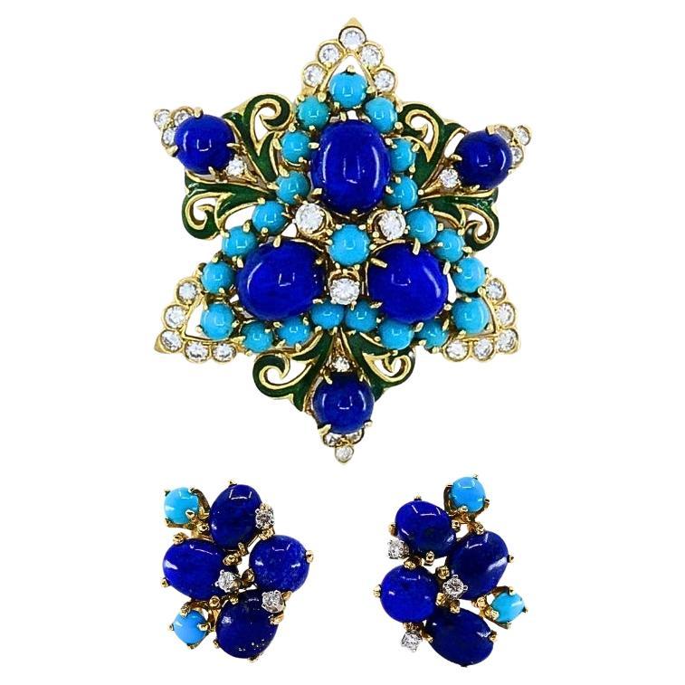 Conjunto de broche y pendientes vintage de oro de 14k lapislázuli turquesa y diamantes en venta