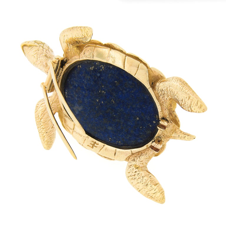 Vintage 14k Gold Large Blue Lapis w/ Diamond Textured Turtle Tortoise Pin Brooch In Good Condition For Sale In Montclair, NJ