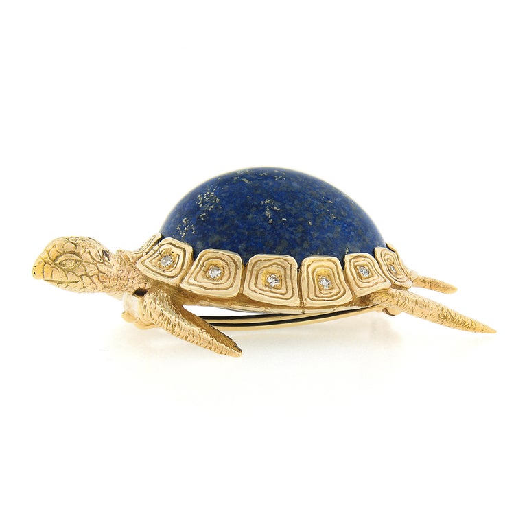 Women's or Men's Vintage 14k Gold Large Blue Lapis w/ Diamond Textured Turtle Tortoise Pin Brooch For Sale