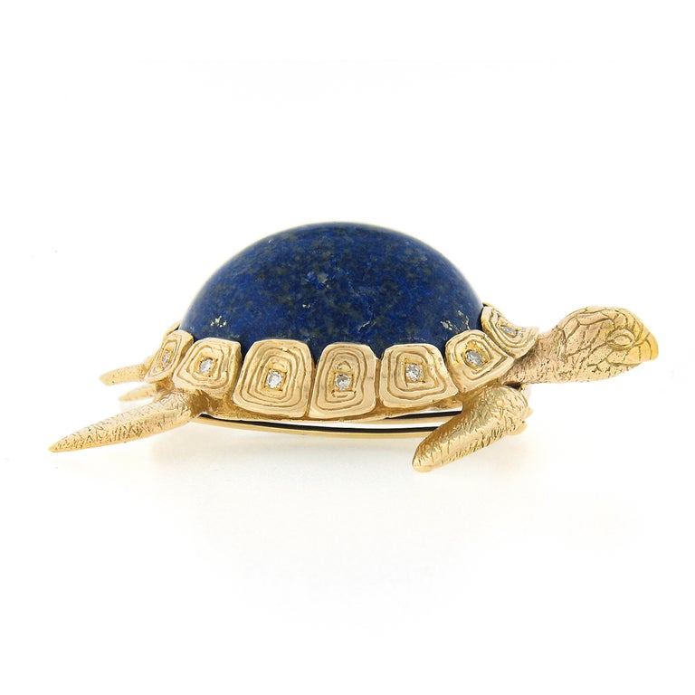 Vintage 14k Gold Large Blue Lapis w/ Diamond Textured Turtle Tortoise Pin Brooch For Sale 1