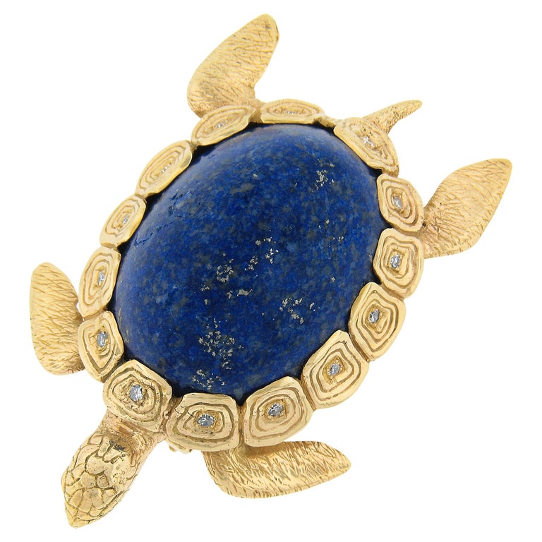 Vintage 14k Gold Large Blue Lapis w/ Diamond Textured Turtle Tortoise Pin Brooch For Sale