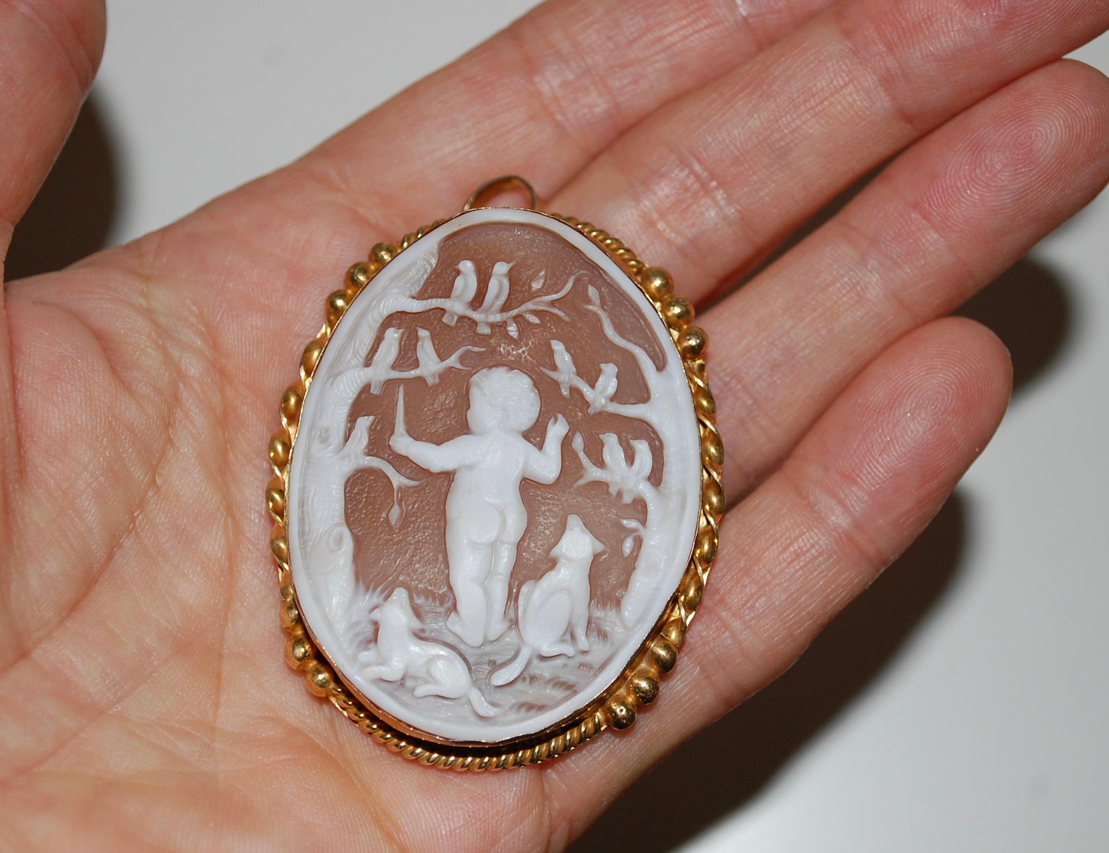 Artisan Vintage 14k Gold Large Cameo with Putti Singing Birds and Dogs