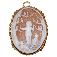 Vintage 14k Gold Large Cameo with Putti Singing Birds and Dogs