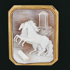 Vintage 14k Gold LARGE Carved 2 Horses Jumping Shell Cameo Pin Brooch Pendant