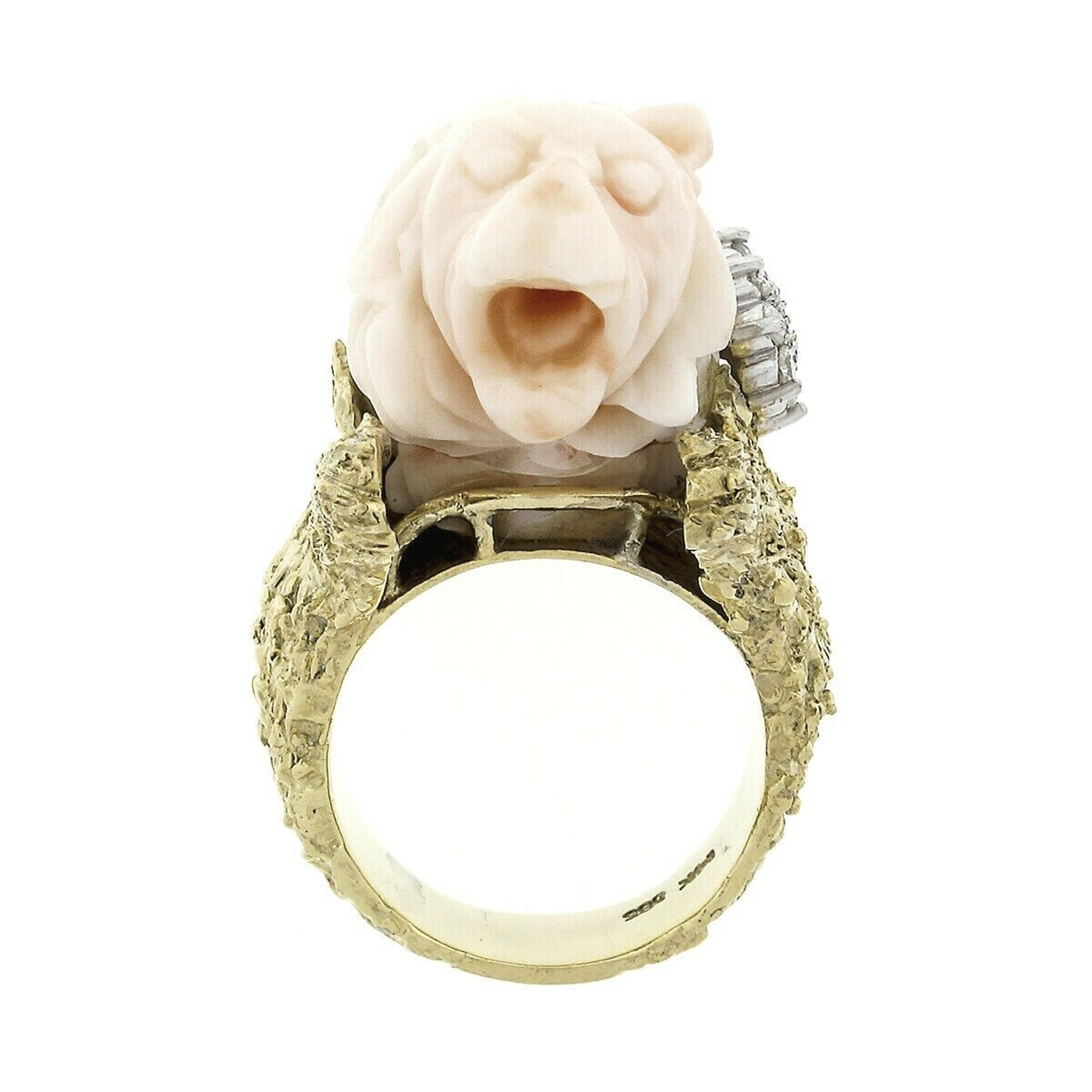 Vintage 14k Gold LARGE Hand Carved Lion's Head Soft Pink Angel Skin Coral Ring For Sale 4