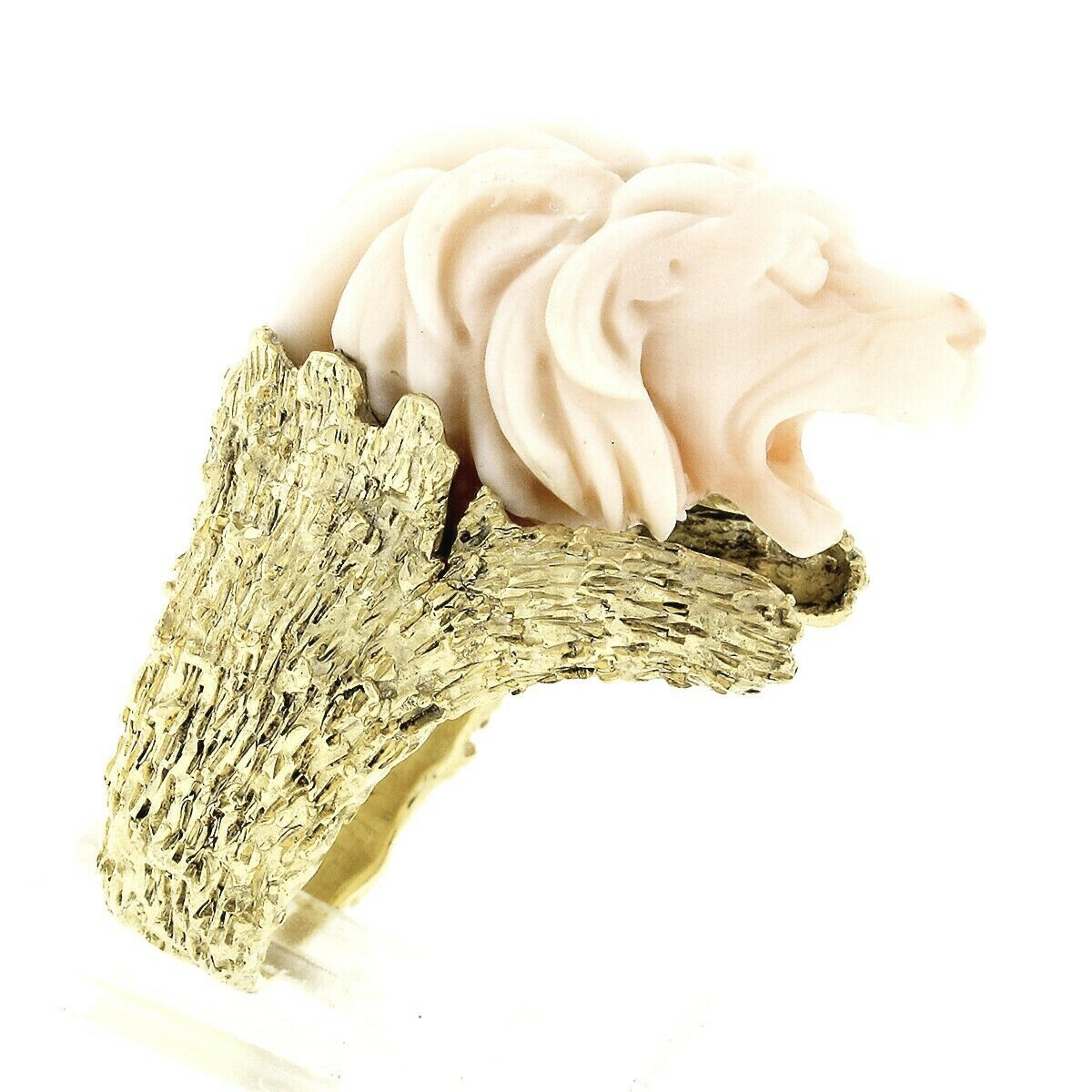 Vintage 14k Gold LARGE Hand Carved Lion's Head Soft Pink Angel Skin Coral Ring In Good Condition For Sale In Montclair, NJ