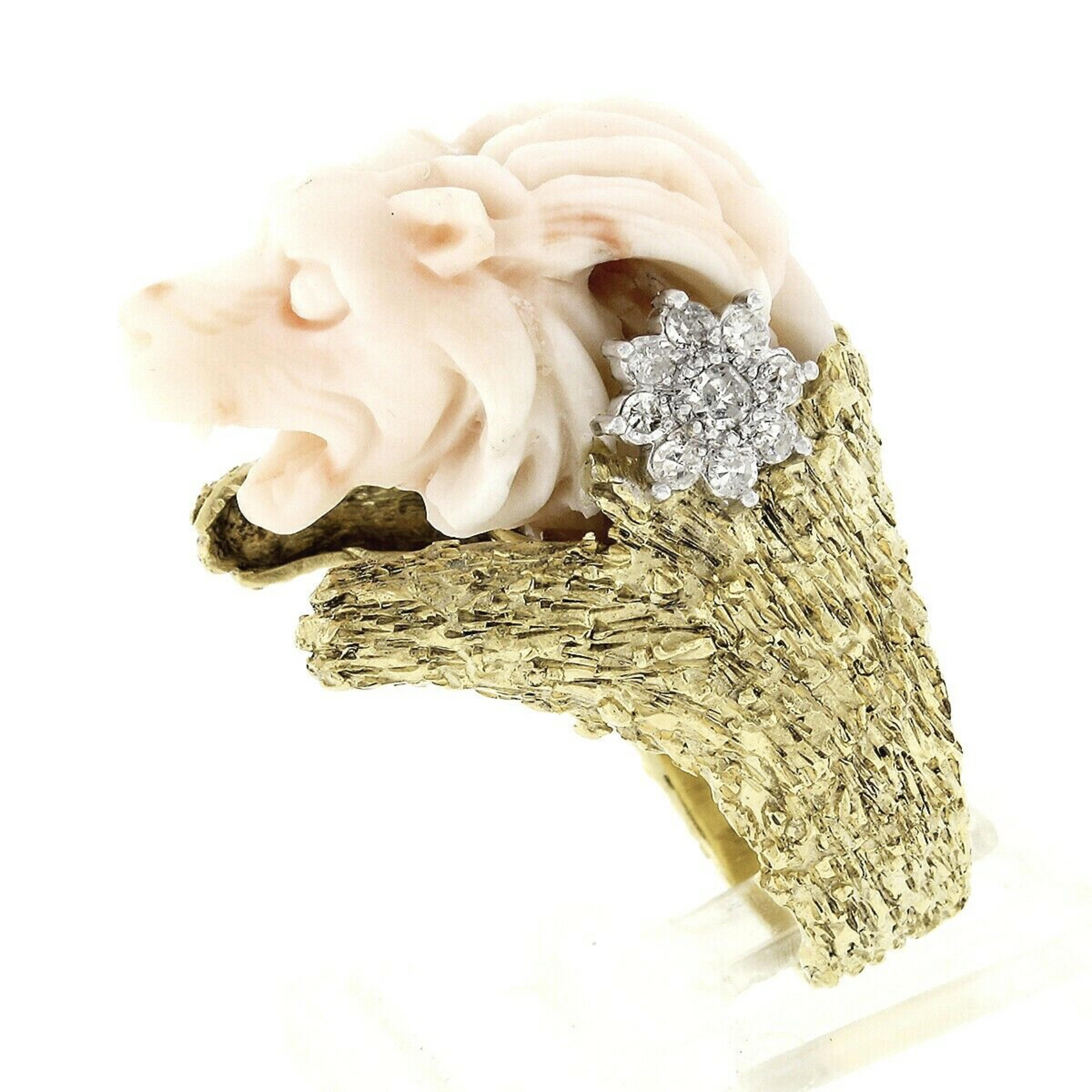 Women's or Men's Vintage 14k Gold LARGE Hand Carved Lion's Head Soft Pink Angel Skin Coral Ring For Sale