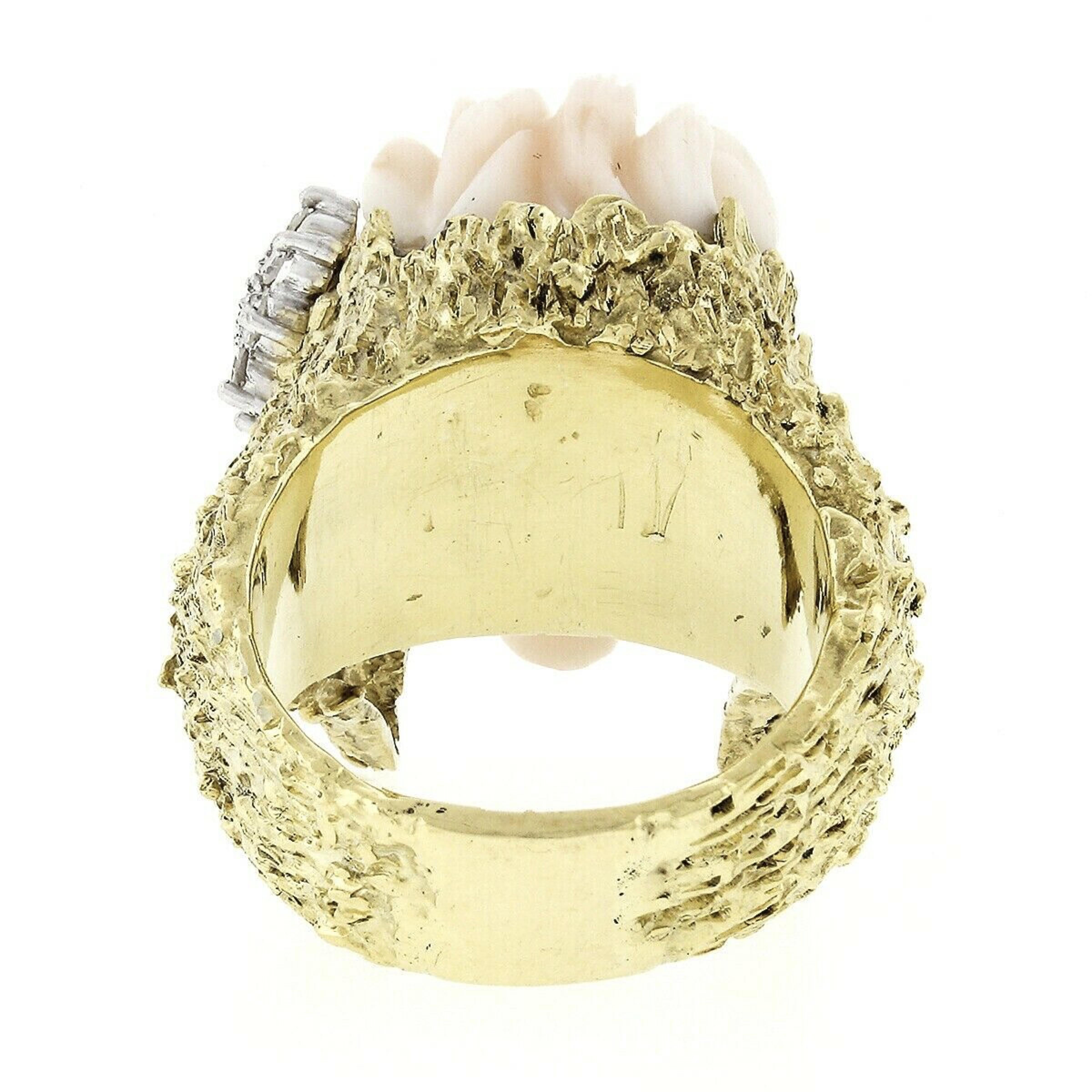 Vintage 14k Gold LARGE Hand Carved Lion's Head Soft Pink Angel Skin Coral Ring For Sale 1