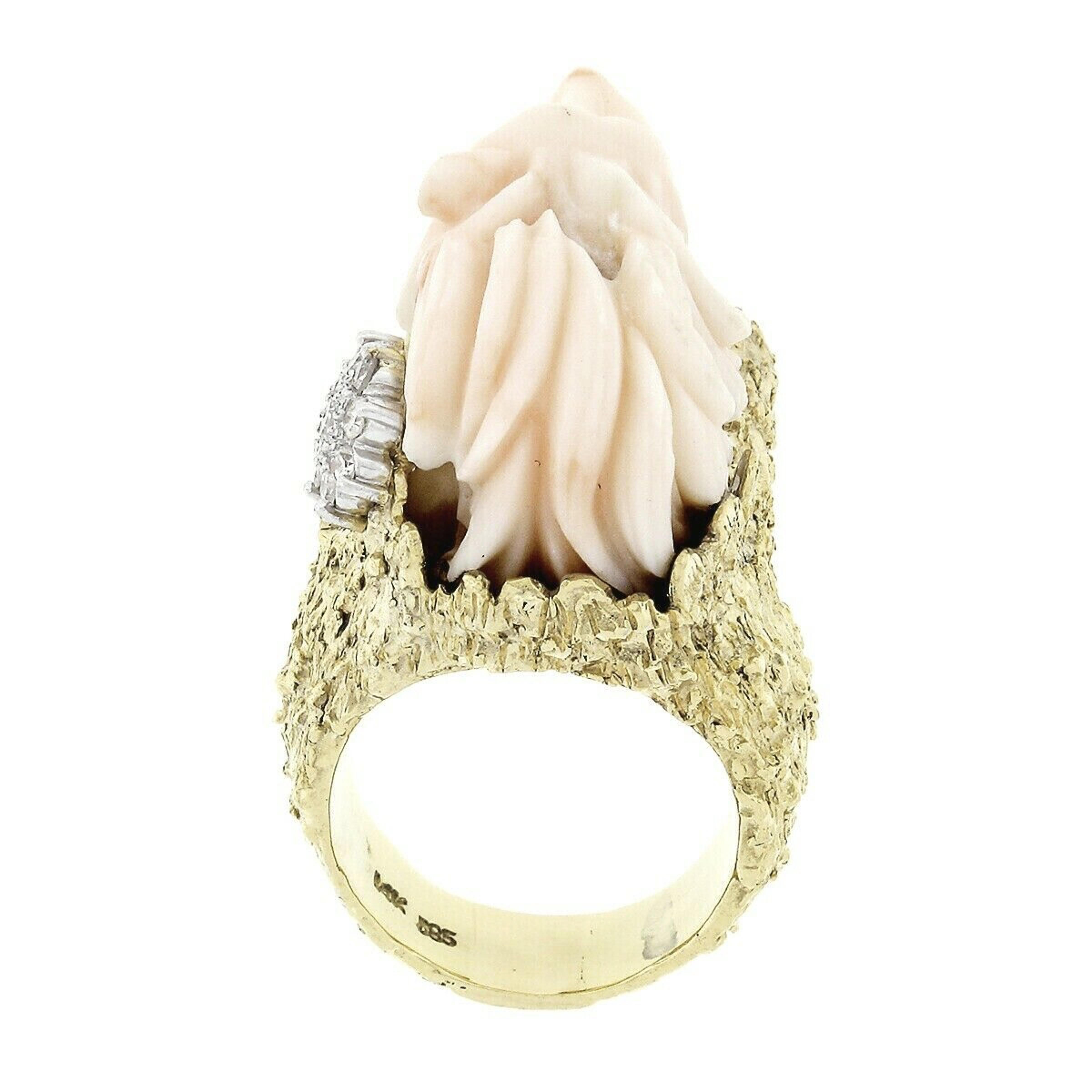Vintage 14k Gold LARGE Hand Carved Lion's Head Soft Pink Angel Skin Coral Ring For Sale 2